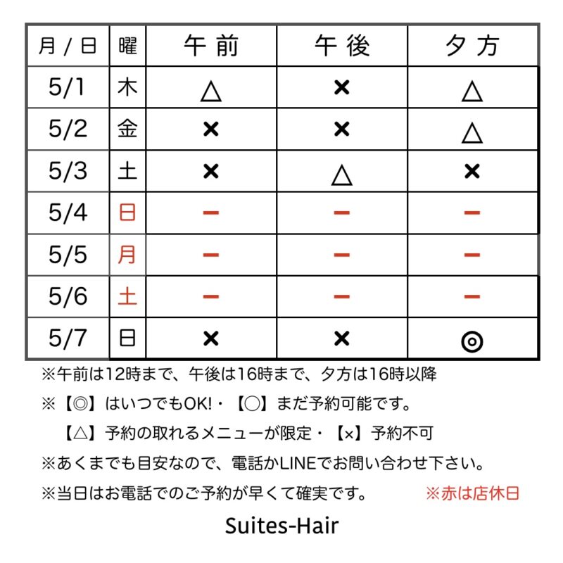 スウィーテスヘア1週間の予約状況