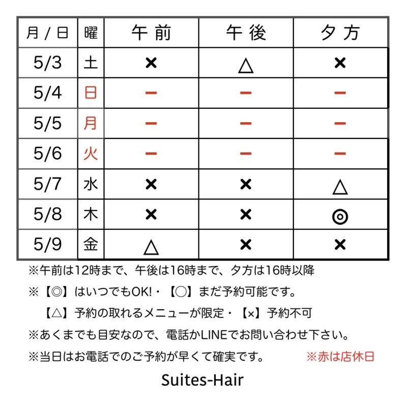 スウィーテスヘア1週間の予約状況