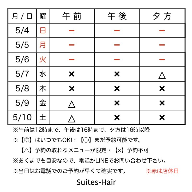 スウィーテスヘア1週間の予約状況