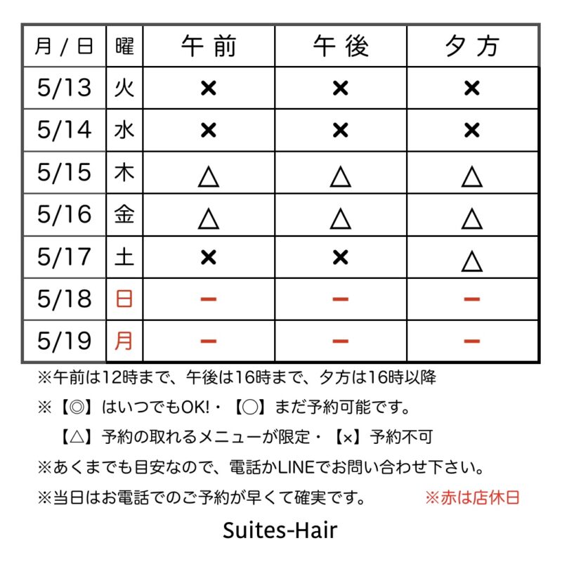 スウィーテスヘア1週間の予約状況