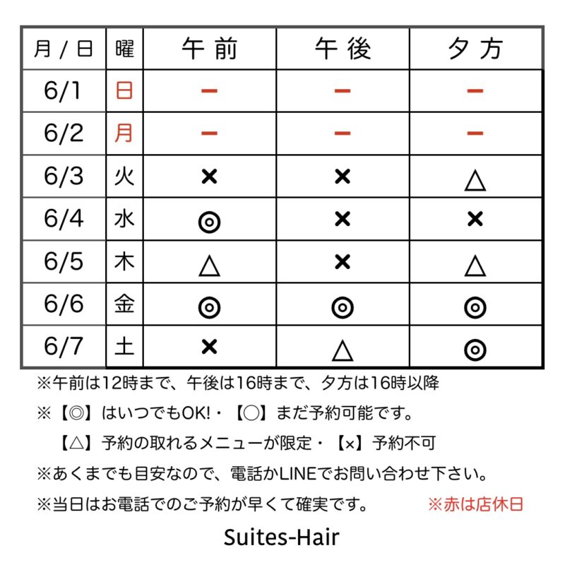 スウィーテスヘア1週間の予約状況