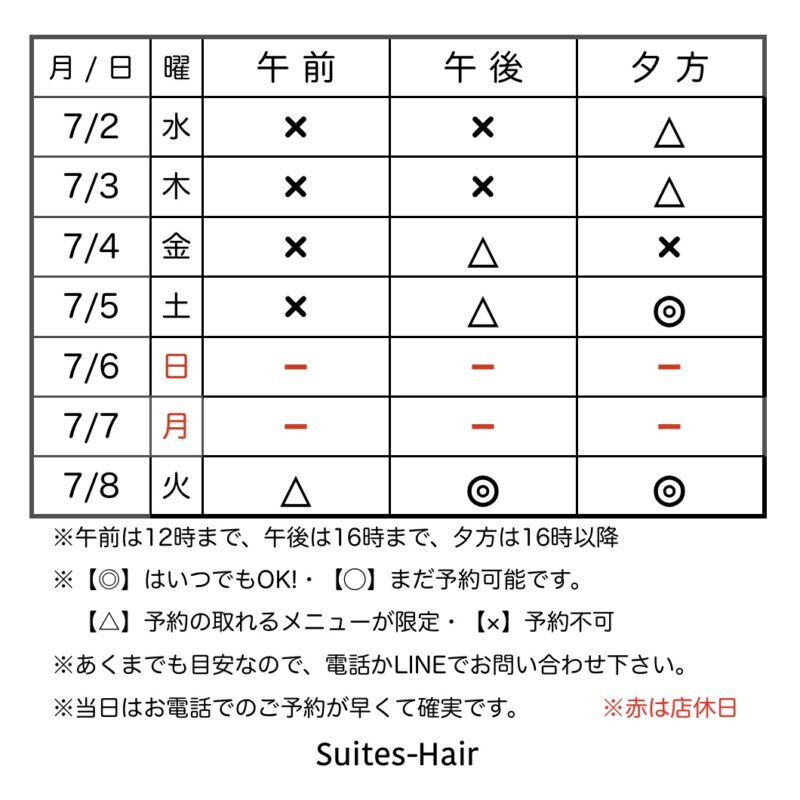 スウィーテスヘア1週間の予約状況